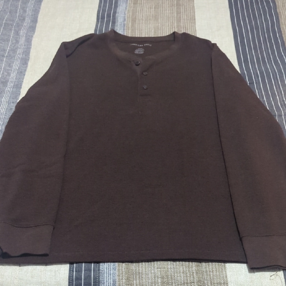 American Eagle Men's Brown Henley Shirt